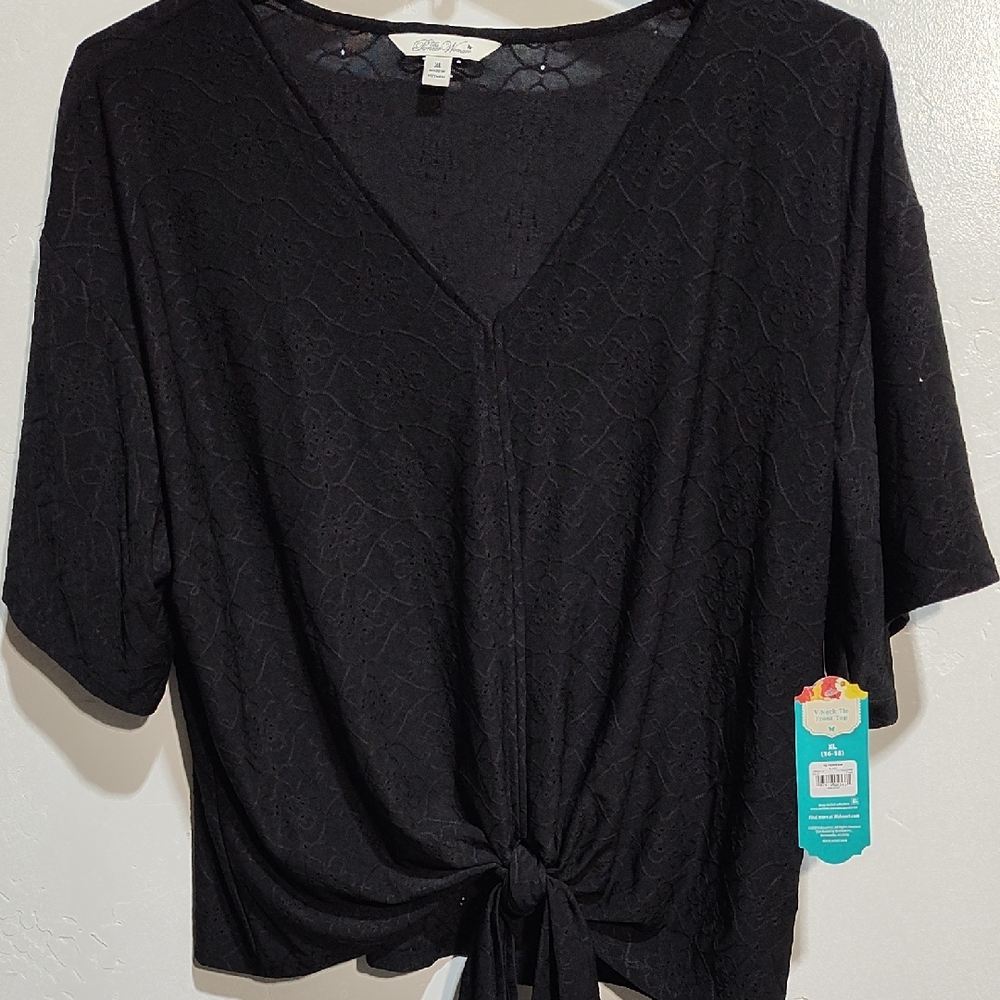 Black V-Neck Tie-Front Top, Nwt,Xl